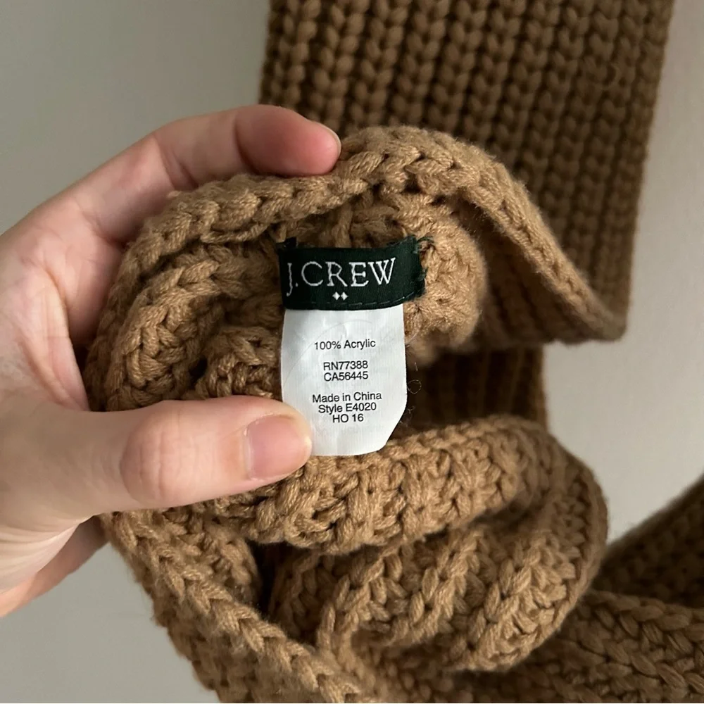 J. Crew Scarf Tan Brown Infinity Chunky Waffle Knit Solid Cozy Ribbed Neutral